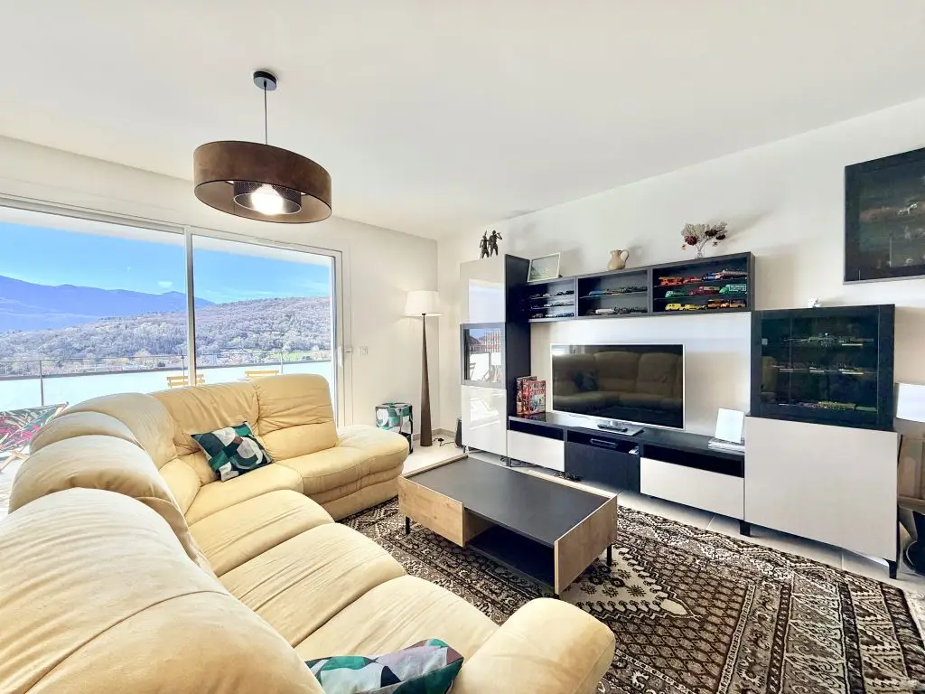 salon, canapé, tv et baie vitrée